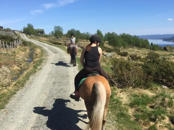 Her er det et bilde av to personer som rir på hest om sommeren, i bakgrunnen er det blå himmel og grønn mark.