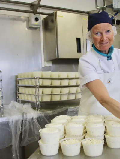 Dame som lager ost, på fabrikk