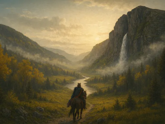 Illustrasjon av AI av Kong Olav som rider gjennom Hemsedal