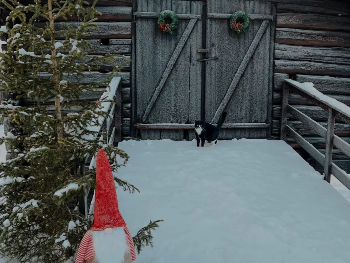 Bilde av en låve med et tre og en liten nisse på vinteren
