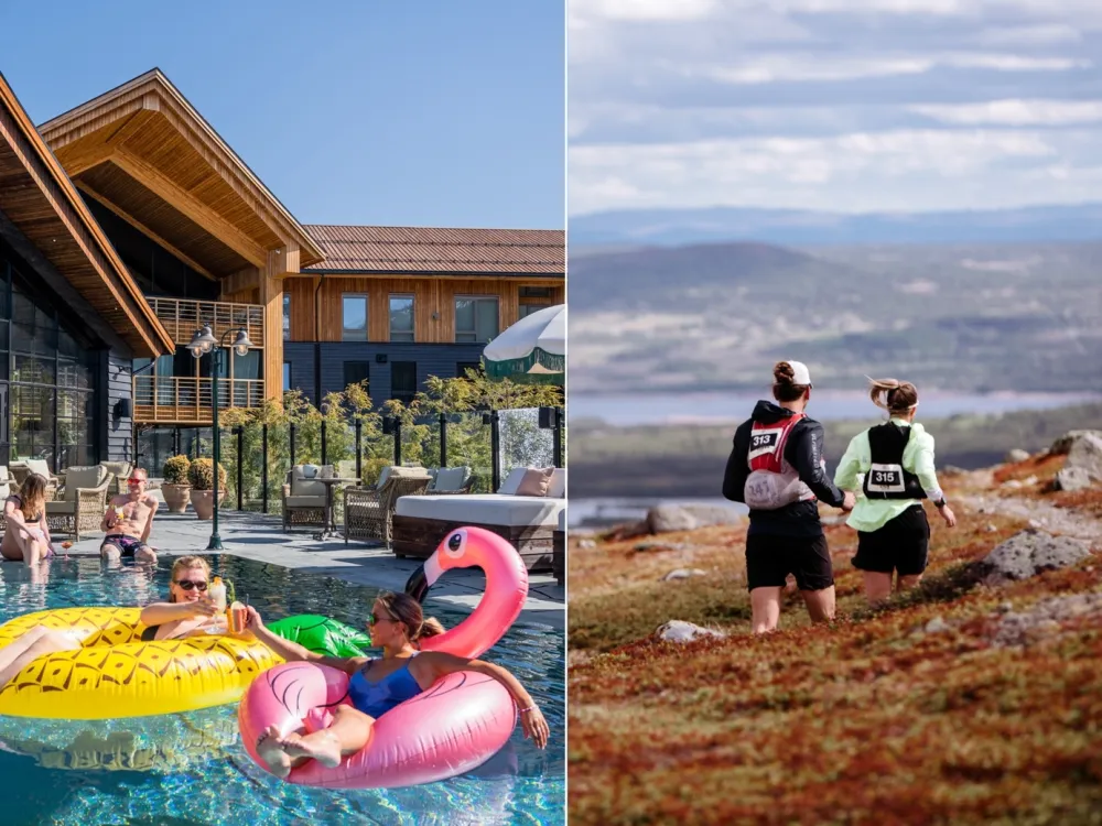 Delt bilde med badebasseng og personer som jobber