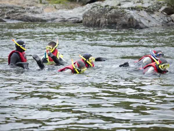 Turister som snorkler i elva