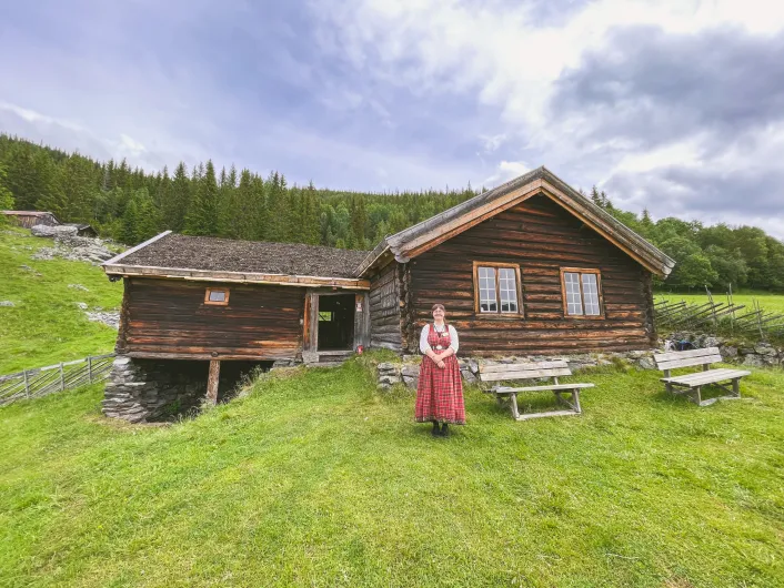 Dame med stakk og bygdetunet i bakgrunnen (sommer).