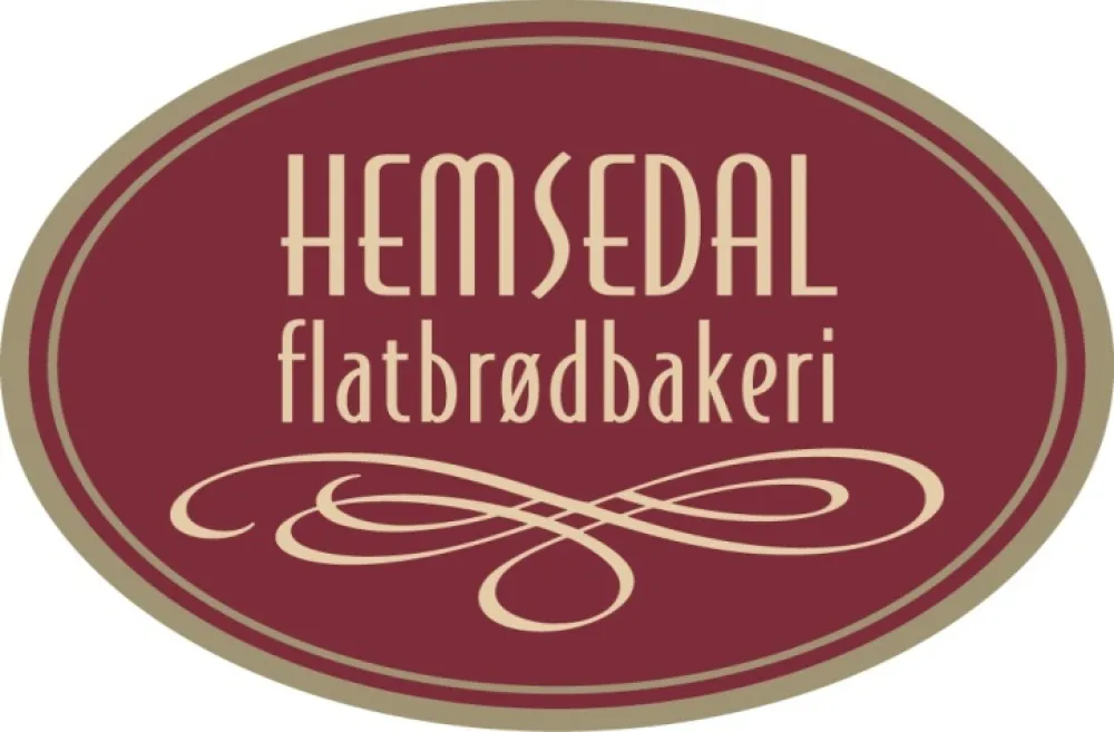 Logo Hemsedal flatbrødbakeri, i burgunderrød og beige.