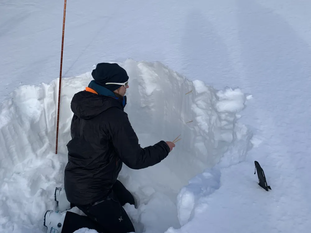 Dame som sjekker snødybden (skred faren).