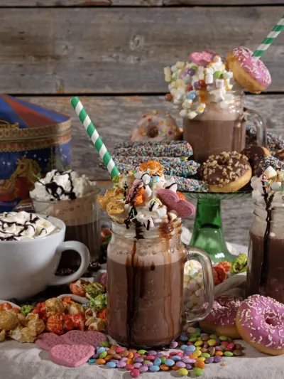 Nærbilde av fem kakao med krem og sugerør