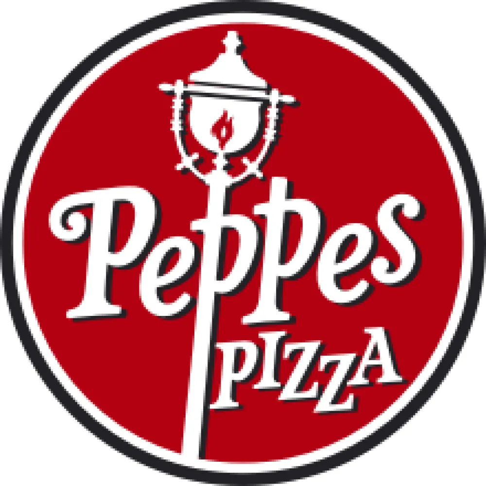 Logo Peppes, rød, svart og hvit.