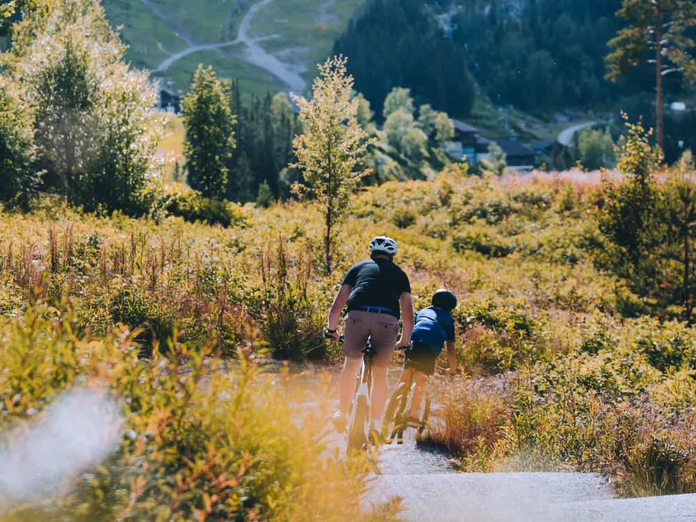 Far og sønn som sykler i Hemsedal sine sykkelløyper