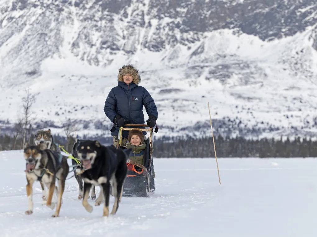 To damer som kjører hundekjøring innover fjellet i Hemsedal