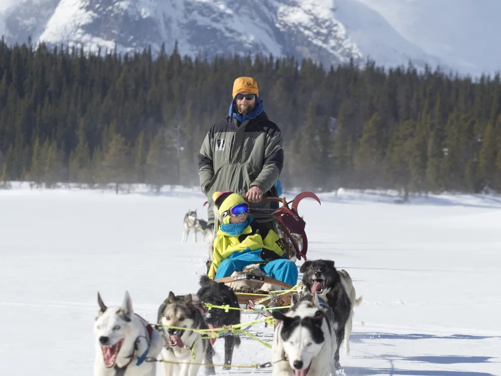 Mann og barn som kjører hundekjøring om vinteren i Hemsedal